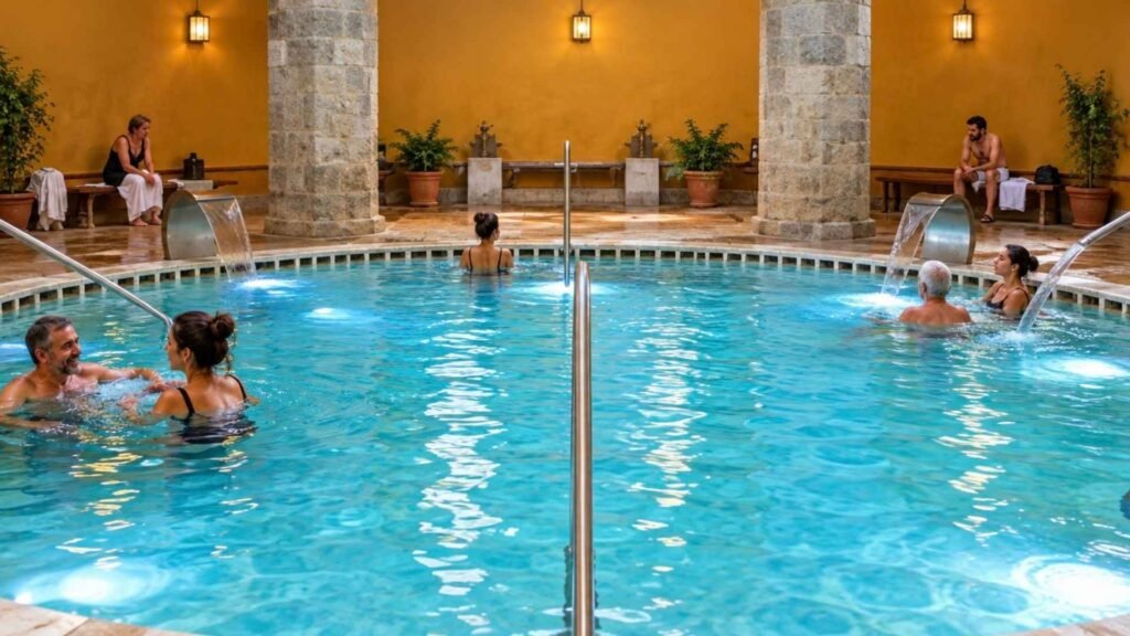 People relaxing in a clear indoor thermal pool surrounded by historic stone columns and gentle water jets.