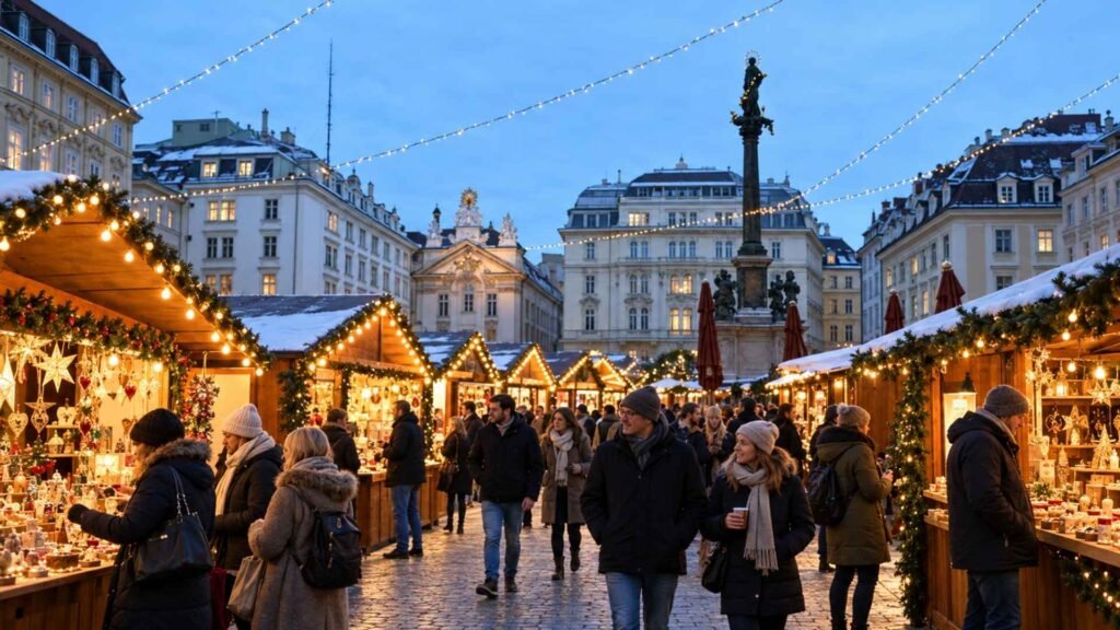 Vienna Christmas Markets at Am Hof, with illuminated stalls, visitors browsing and the square’s central monument at dusk