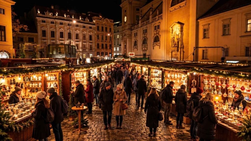 Vienna Christmas Markets at Freyung, with illuminated craft stalls, historic buildings and visitors browsing in the evening