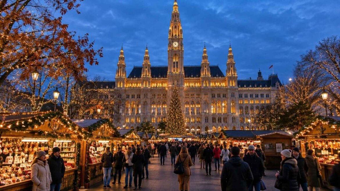 Vienna Christmas markets at Rathausplatz with illuminated City Hall and festive stalls at dusk