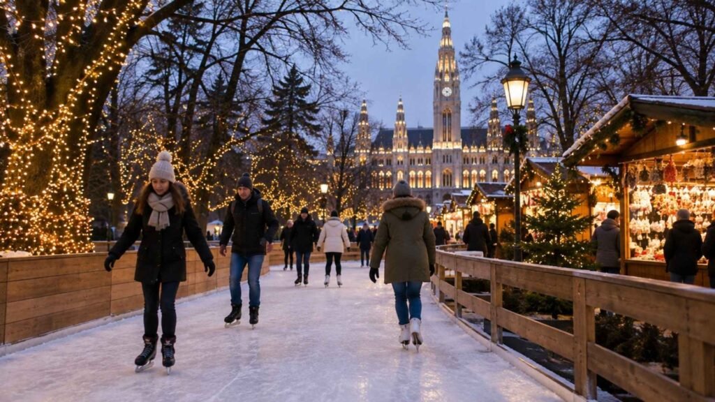 Visitors ice skating in Rathauspark with Christmas market stalls and Vienna City Hall in the background