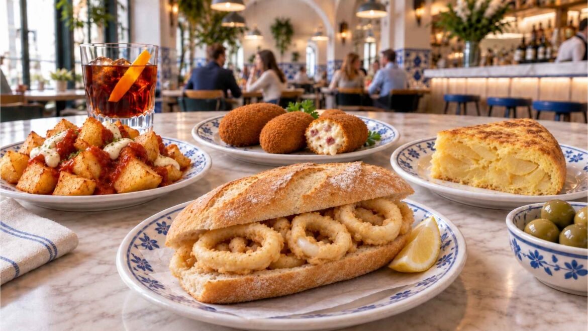 What to eat in Madrid with bocadillo de calamares, patatas bravas, croquetas and tortilla española