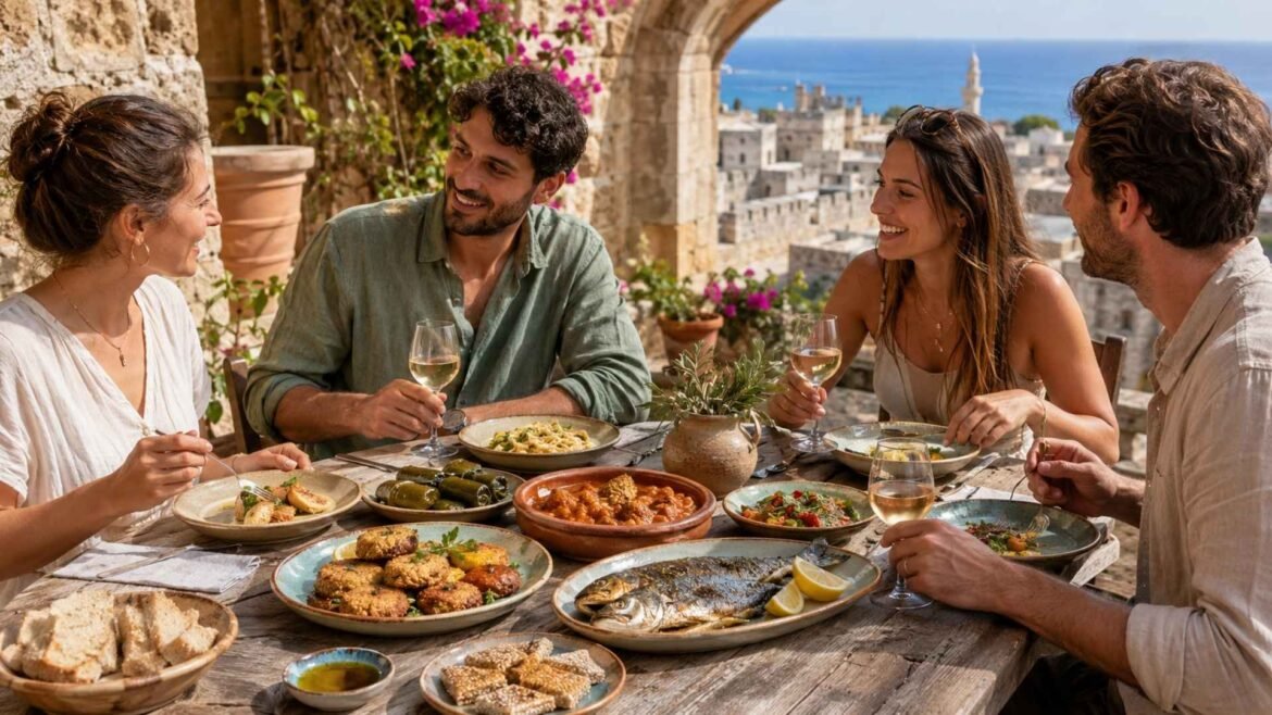 What to eat in Rhodes, with local dishes, fresh fish and Rhodian wine shared on a stone terrace overlooking the Aegean Sea.