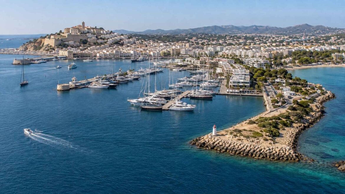 Where to Stay in Ibiza view across Marina Botafoch towards Dalt Vila and Es Botafoc lighthouse