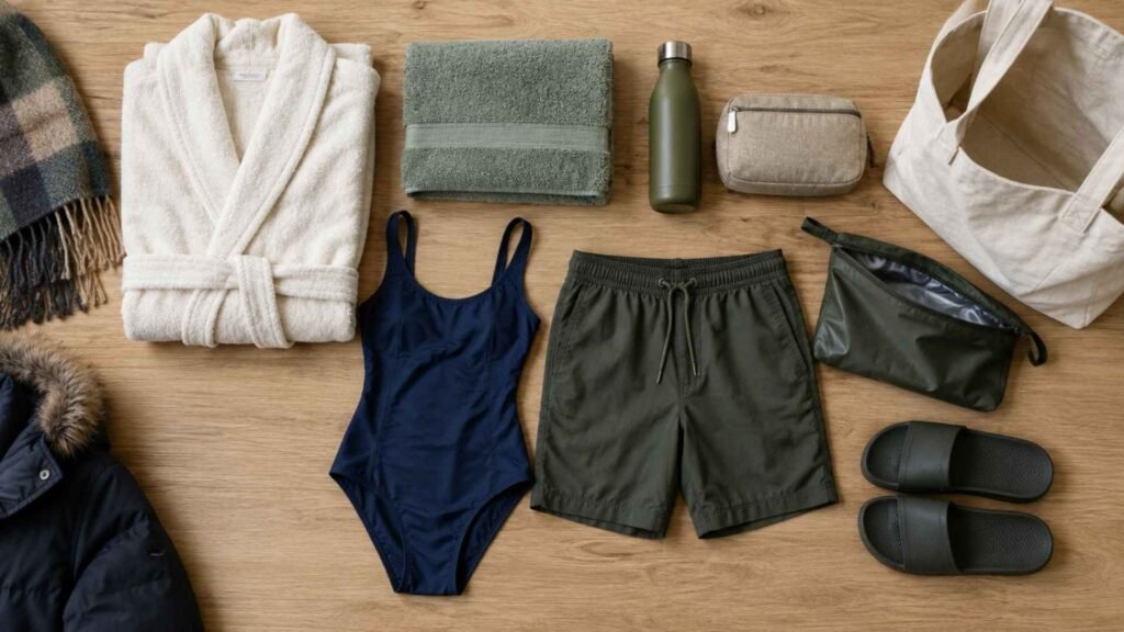 Bathrobe, towel, women’s swimsuit, men’s swim shorts and pool slides arranged with a water bottle and bags on a wooden surface.