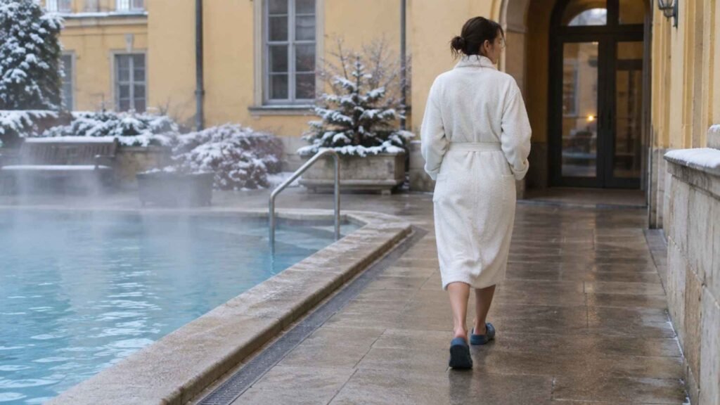 Woman wearing a white bathrobe and pool slippers walking beside a steaming outdoor pool in snowy surroundings.
