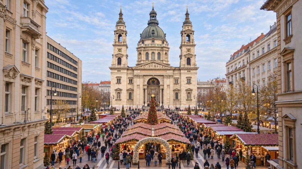Daytime view of Advent Basilica Christmas market with wooden stalls, festive decorations and visitors beneath St Stephen’s Basilica in Budapest.