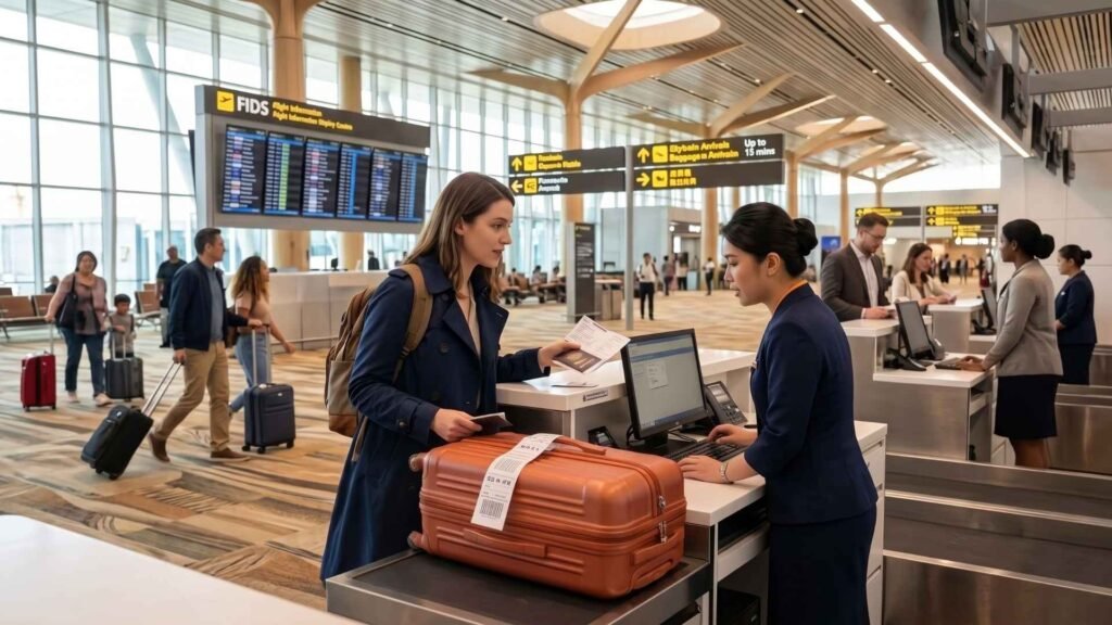 A woman traveler is at an airport check-in counter showing her documents to an agent. She has a brown rolling suitcase with a baggage tag in front of her.