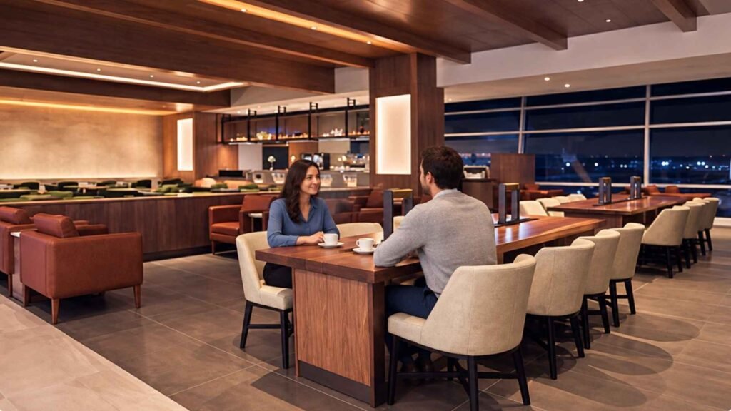 A couple chatting across a wooden communal table in a warmly lit lounge with cream chairs and dark timber ceiling panels.