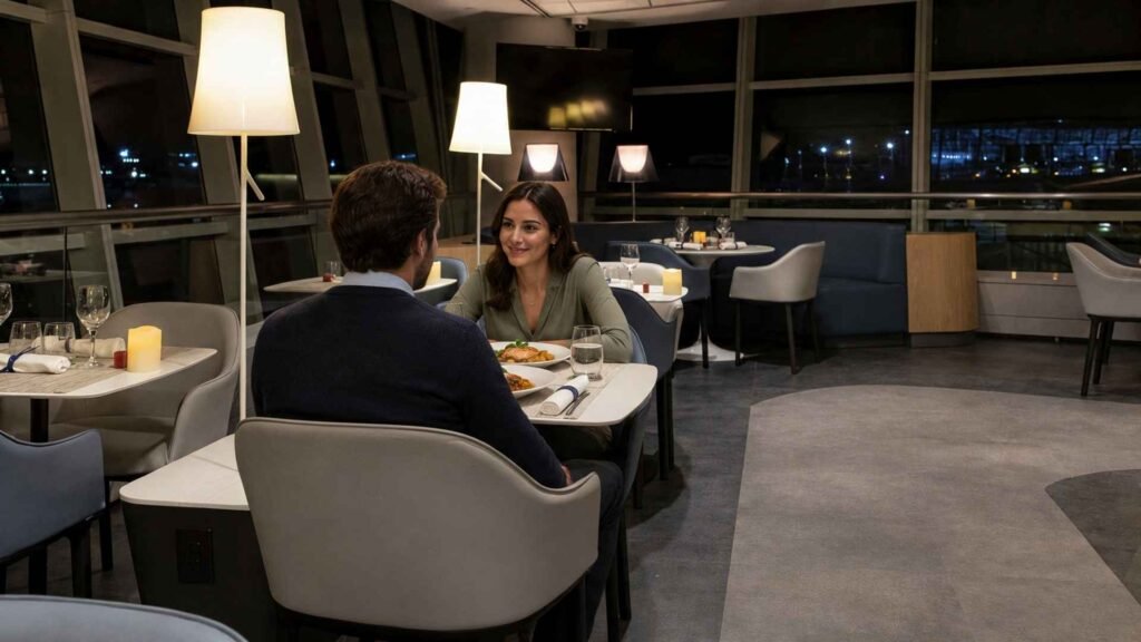 A couple dining across from each other in a warmly lit airport lounge with blue and grey chairs and large windows at night.