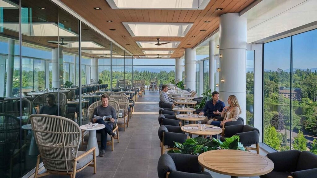 Travellers relaxing in a bright lounge with woven chairs, round dining tables and large windows overlooking greenery.