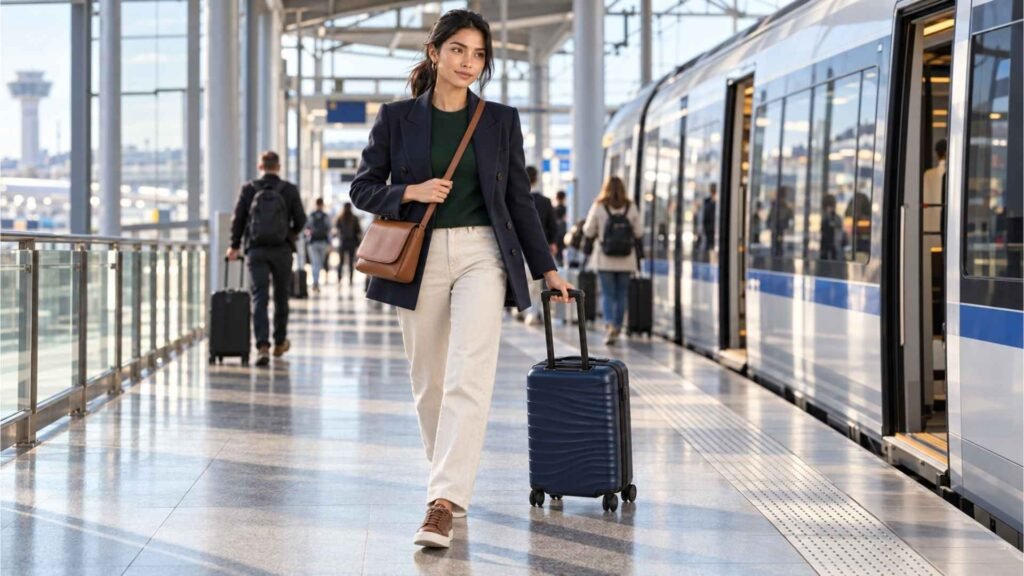 Airport outfits for women featuring a navy blazer, green merino sweater, ecru jeans and brown sneakers for an airport-to-city journey.
