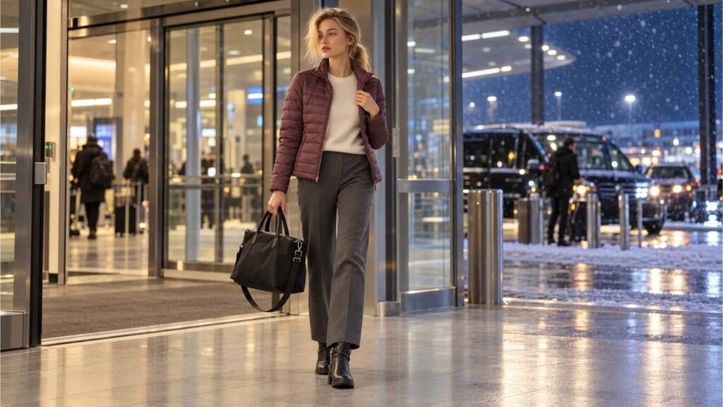 Airport outfits for women featuring a merino sweater, packable jacket, tailored trousers and black ankle boots for a cold-destination arrival.