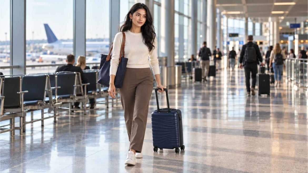 Airport outfits for women with Sofia wearing umber travel pants, an off-white merino sweater and white sneakers beside a navy carry-on.