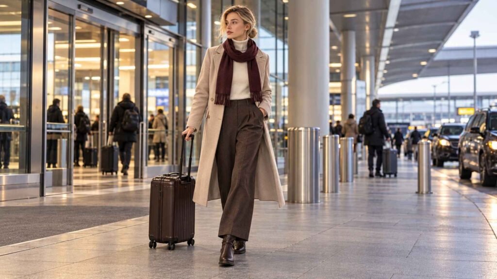 Airport outfits for women featuring a long beige wool coat, merino turtleneck, brown trousers and ankle boots for cold-weather travel.