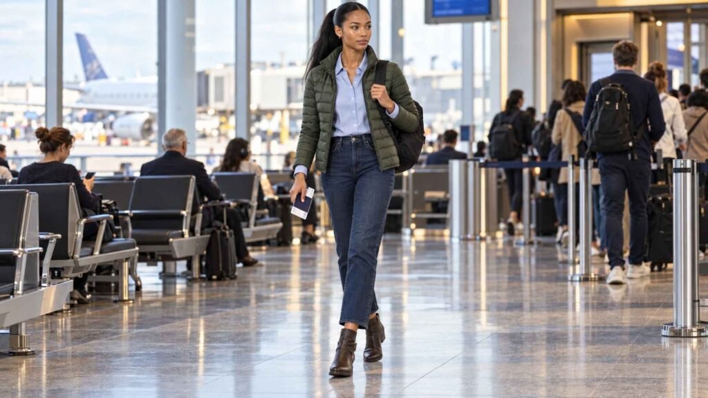 Airport outfits for women featuring a green packable jacket, blue shirt, dark jeans and ankle boots for personal-item-only travel.