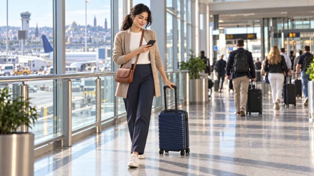 Airport outfits for women featuring a camel cardigan, navy trousers, cream sneakers and a cognac crossbody beside a carry-on suitcase.