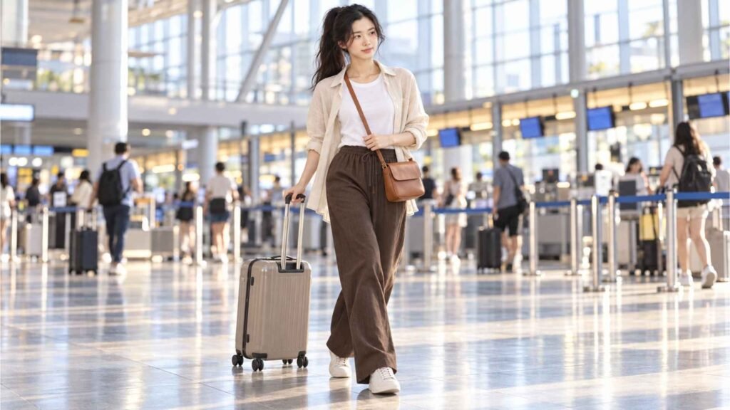 Airport outfits for women featuring a white sleeveless top, linen shirt, brown trousers and cream sneakers for summer travel.