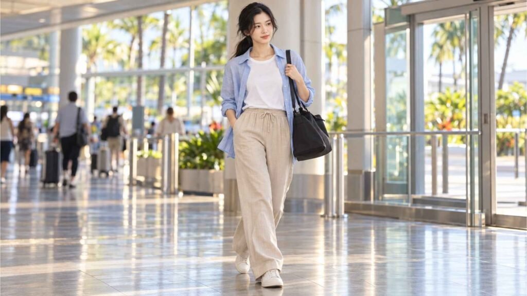 Warm-destination airport outfit for women with sand trousers, a blue linen shirt and light sneakers.