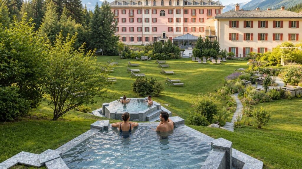 Outdoor thermal pools at Bagni Nuovi, surrounded by green lawns and trees, with the historic hotel buildings in the background.