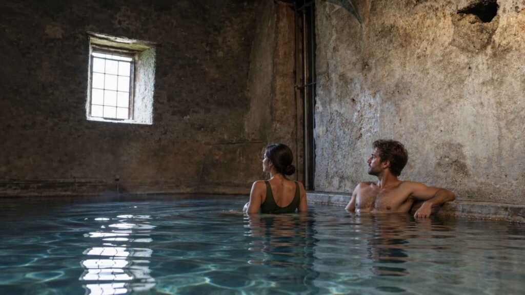 Historic indoor thermal pool at Bagni Vecchi, with weathered walls and soft daylight from a small recessed window.
