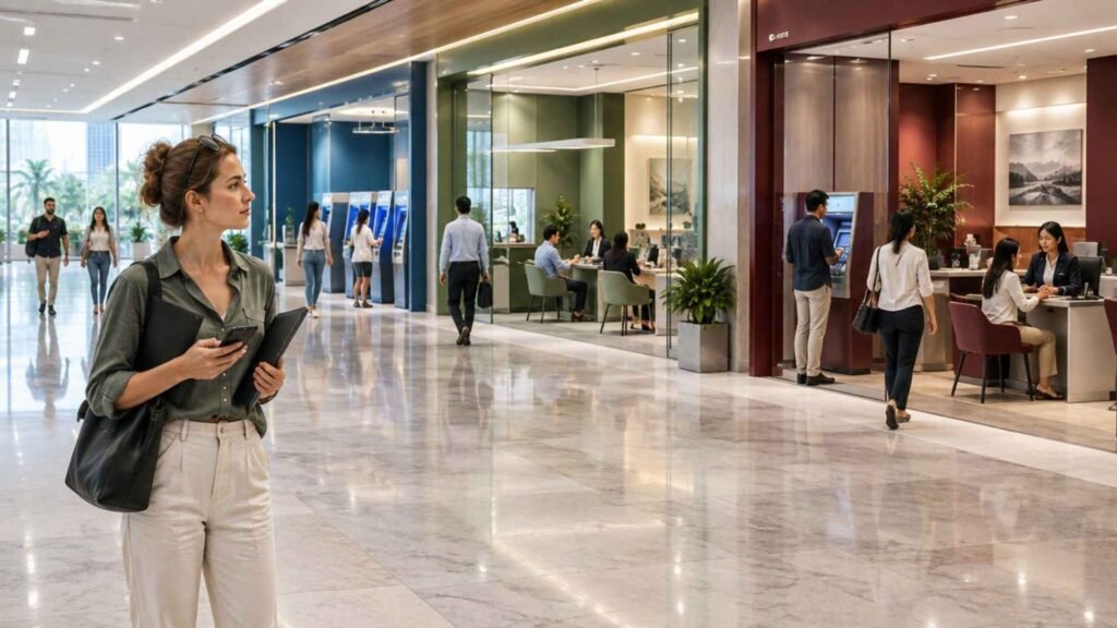 Foreign digital nomad comparing different bank branches in a modern Bangkok shopping centre