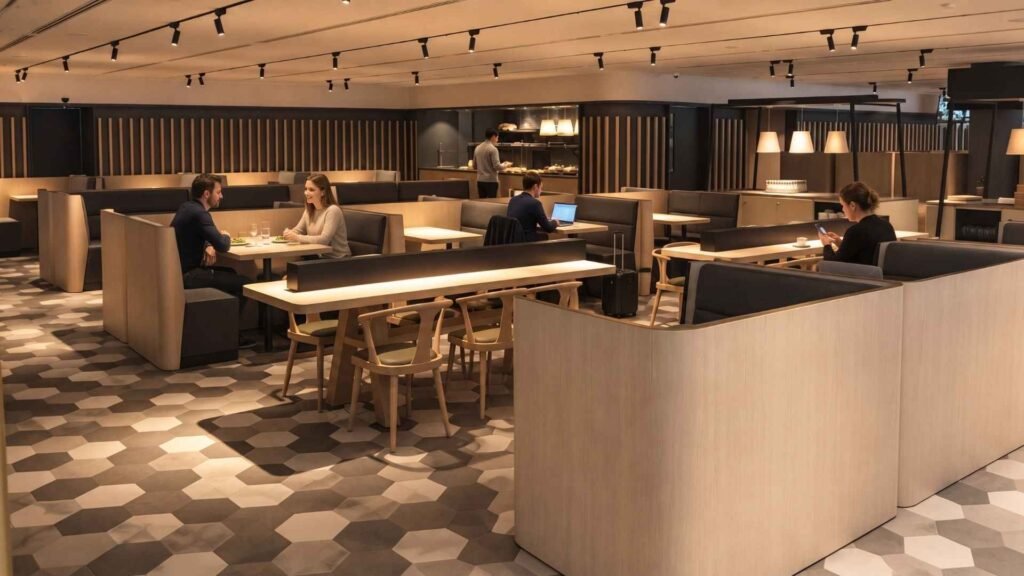 Travellers dining and working in Blossom Lounge at Changi Terminal 4, with curved wooden booths and geometric floor tiles.