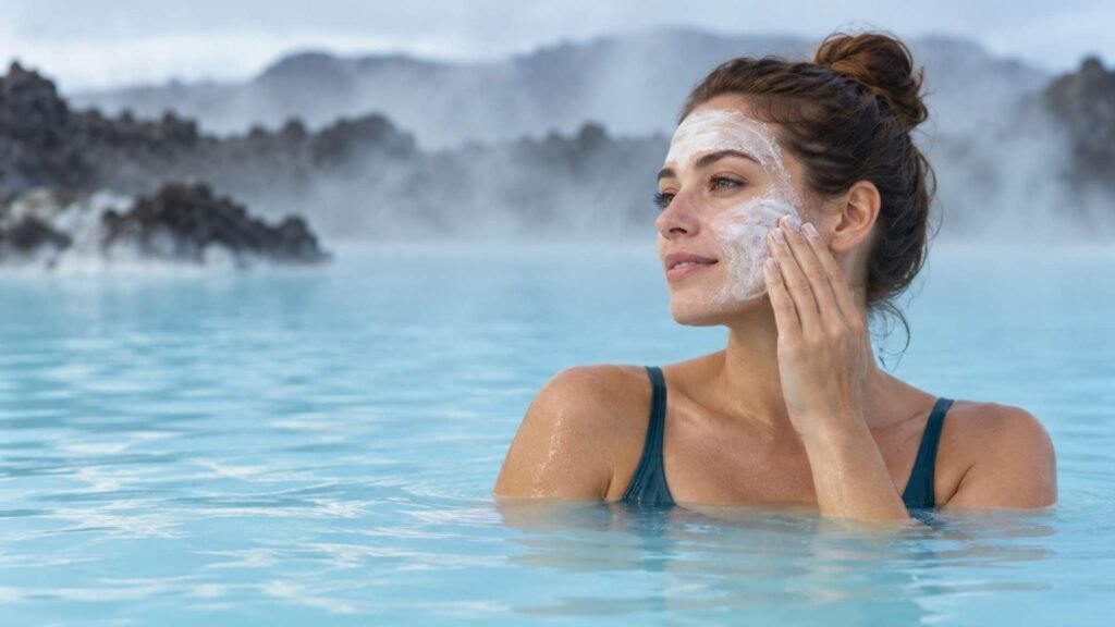 Woman applying a white silica mask to her cheek in Blue Lagoon’s milky-blue water, with volcanic rocks and steam behind her.