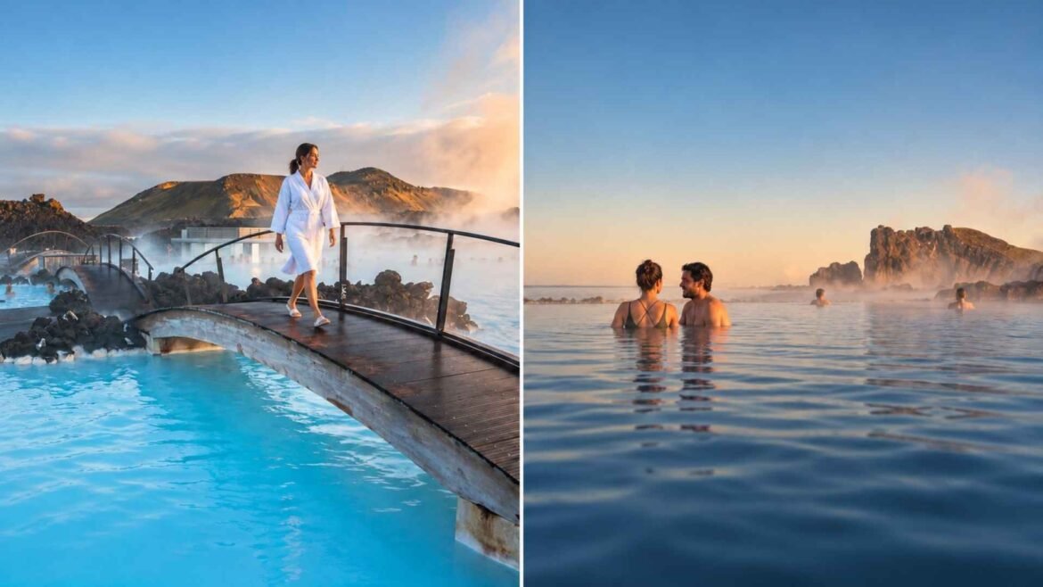 Blue Lagoon vs Sky Lagoon comparison, with a woman crossing a bridge on the left and a couple relaxing in the water on the right.