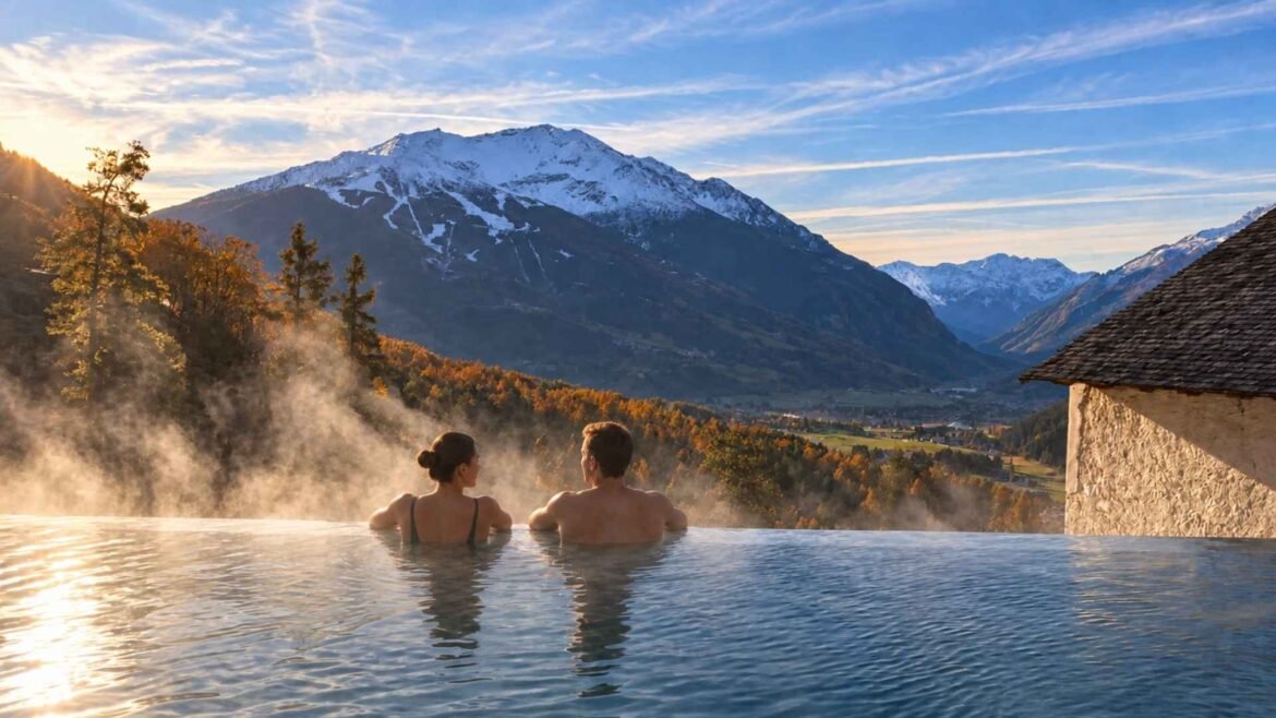 Bormio thermal baths at Bagni Vecchi, with a couple in the steaming outdoor pool overlooking the valley and snow-capped mountains.
