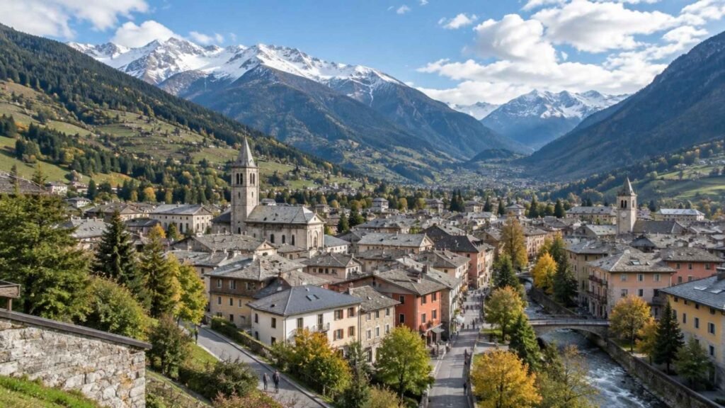 Bormio town nestled in an Alpine valley, with clustered rooftops and mountain slopes rising behind it.