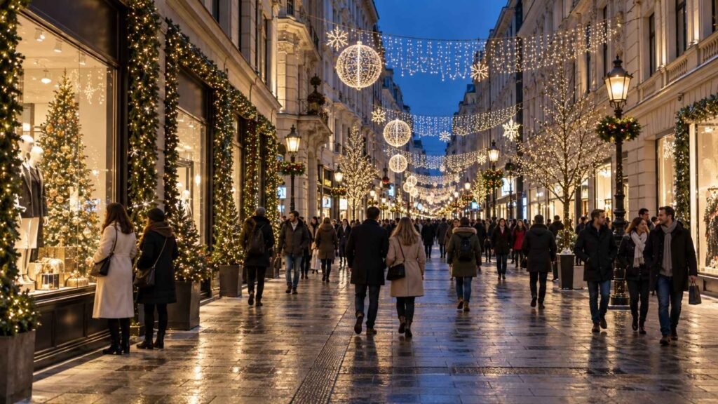 Illustration of visitors walking beneath Christmas lights along a shopping street inspired by Budapest’s Fashion Street.