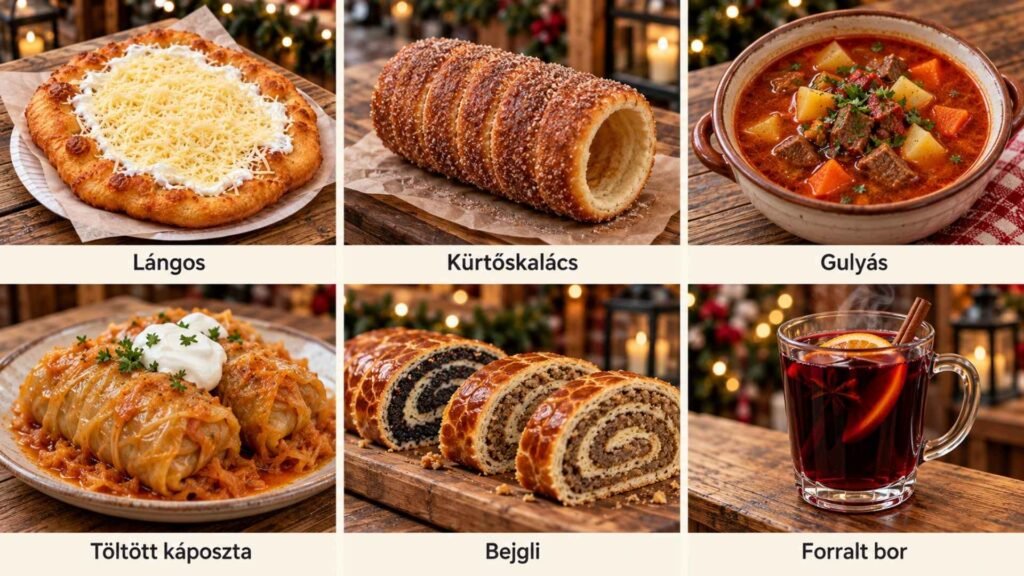 Hungarian winter food collage featuring lángos, kürtőskalács, gulyás, töltött káposzta, bejgli and forralt bor.