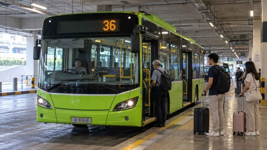 Travellers with suitcases waiting to board a green number 36 bus at a covered airport bus stop.