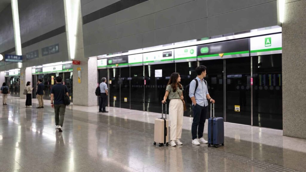 Couple with suitcases waiting beside the platform doors at Changi Airport MRT station.