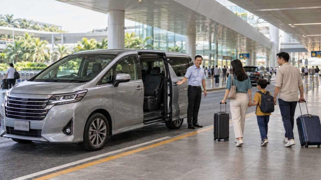 Driver welcoming a family with suitcases beside a silver minivan with an open sliding door at an airport.