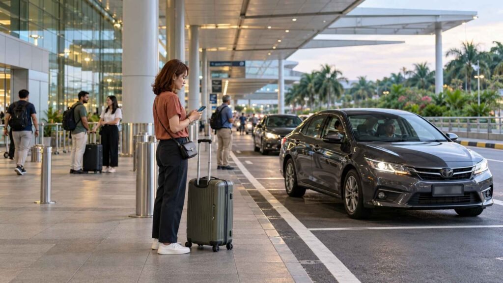 Traveller checking her phone beside a suitcase while a car waits at an airport pickup area.