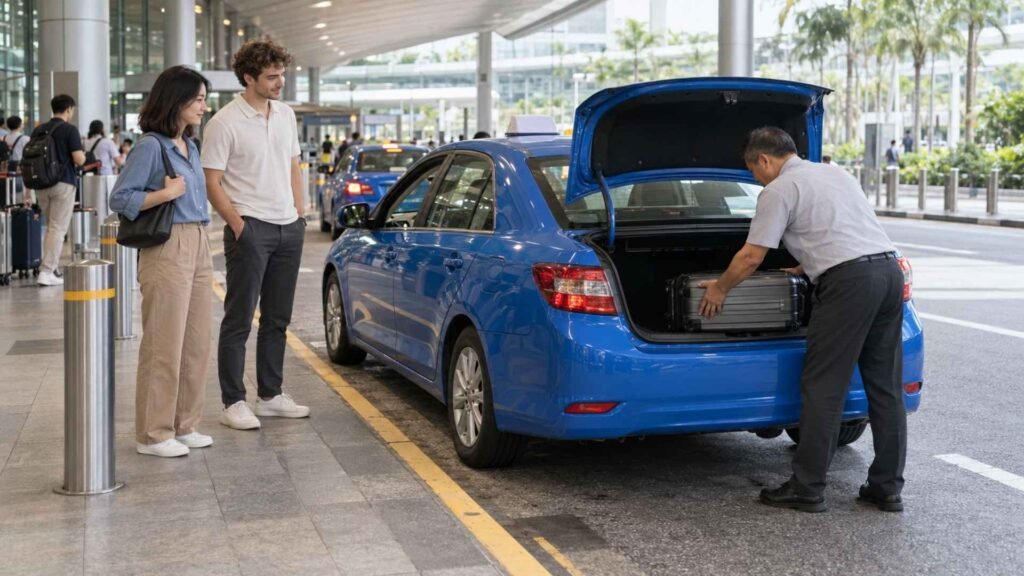 Taxi driver loading a suitcase into a blue taxi while a couple waits beside an airport terminal.
