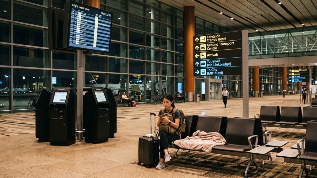 A traveler with luggage is sitting on a bench at Singapore Changi Airport at night, using a smartphone.