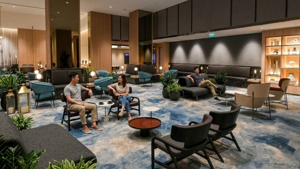 Travellers relaxing in Changi Lounge at Jewel, with charcoal sofas, colourful armchairs and illuminated wooden shelving.
