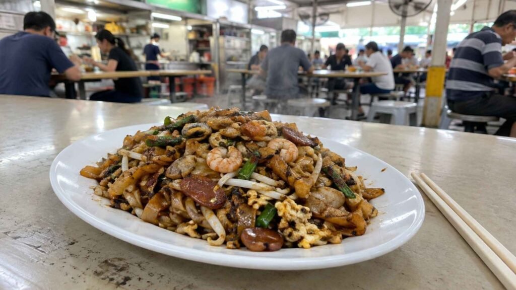 Singapore char kway teow with prawns, cockles and Chinese sausage at a hawker centre