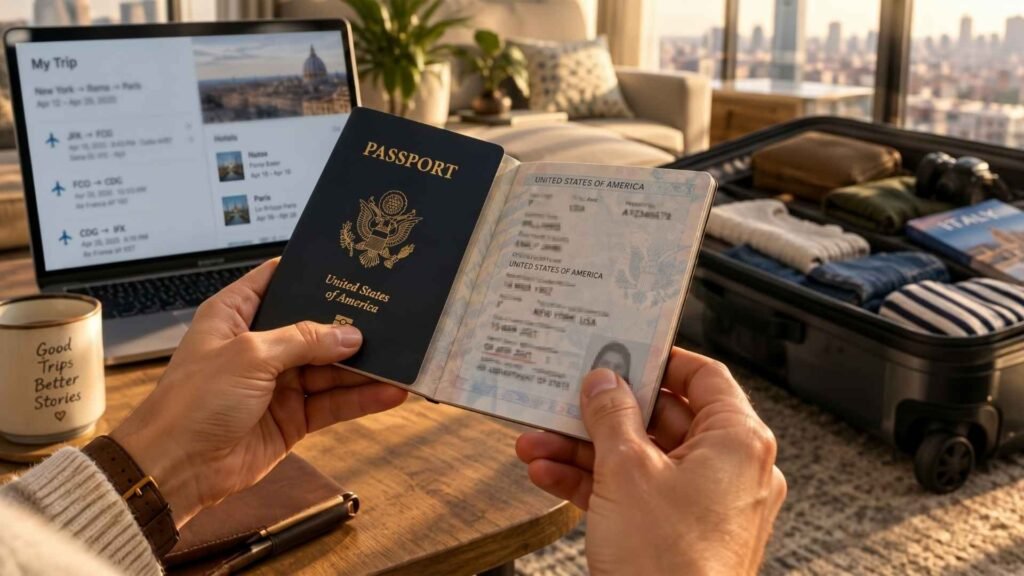 Traveler holding an open passport to check validity date and personal details before booking a flight next to an open laptop and packed luggage.