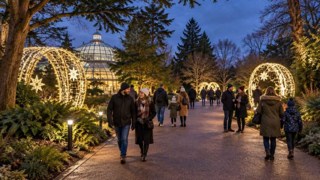 Visitors walking beneath illuminated arches along a garden path at Christmas at the Botanics in Edinburgh.