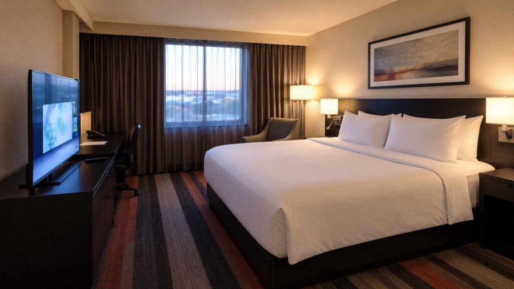 Courtyard JFK Airport hotel room with a large bed, work desk and armchair beside the window.