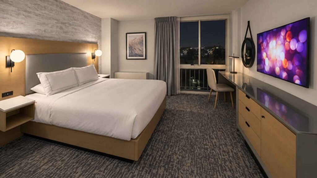 DoubleTree JFK Airport hotel room with a large bed, window, work desk and wall-mounted television.
