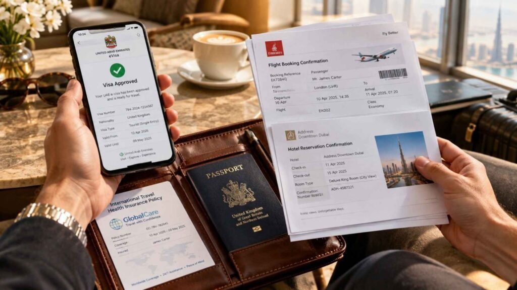 Traveler holding an approved UAE e-visa on smartphone alongside printed Dubai flight tickets, hotel confirmation, and insurance policy