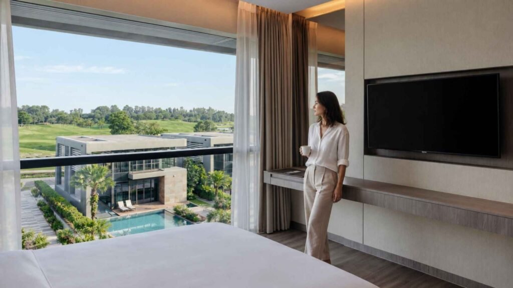 Guest holding a cup beside a room window at Dusit Thani Laguna Singapore, overlooking the golf course and part of the pool.