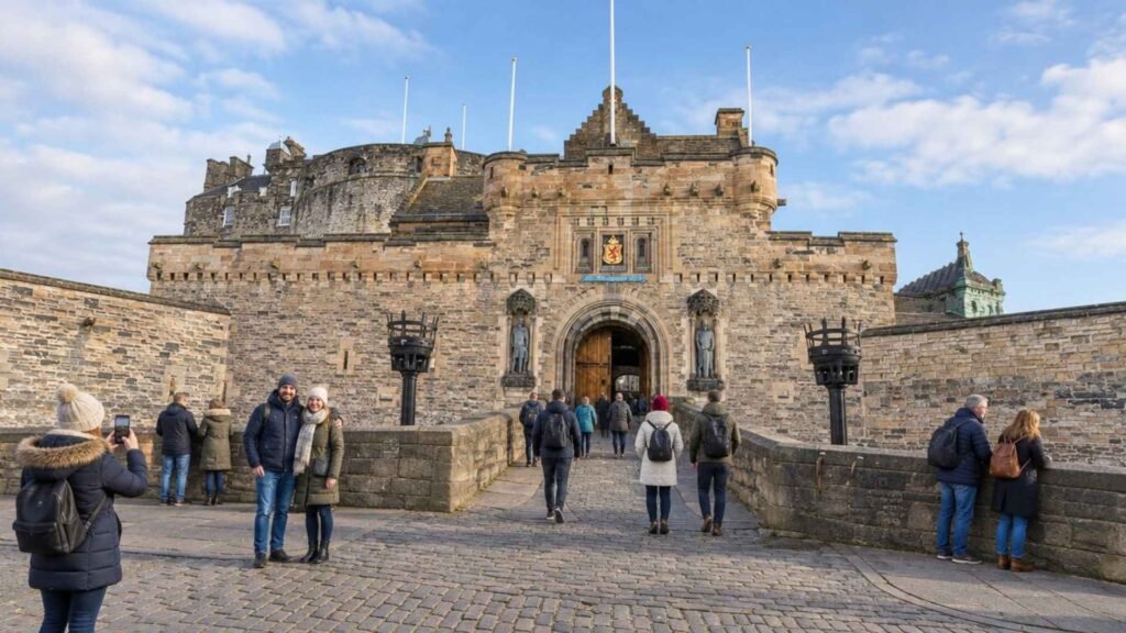 Visitors walking towards Edinburgh Castle’s stone gateway and posing for photographs beside the entrance bridge during the day.