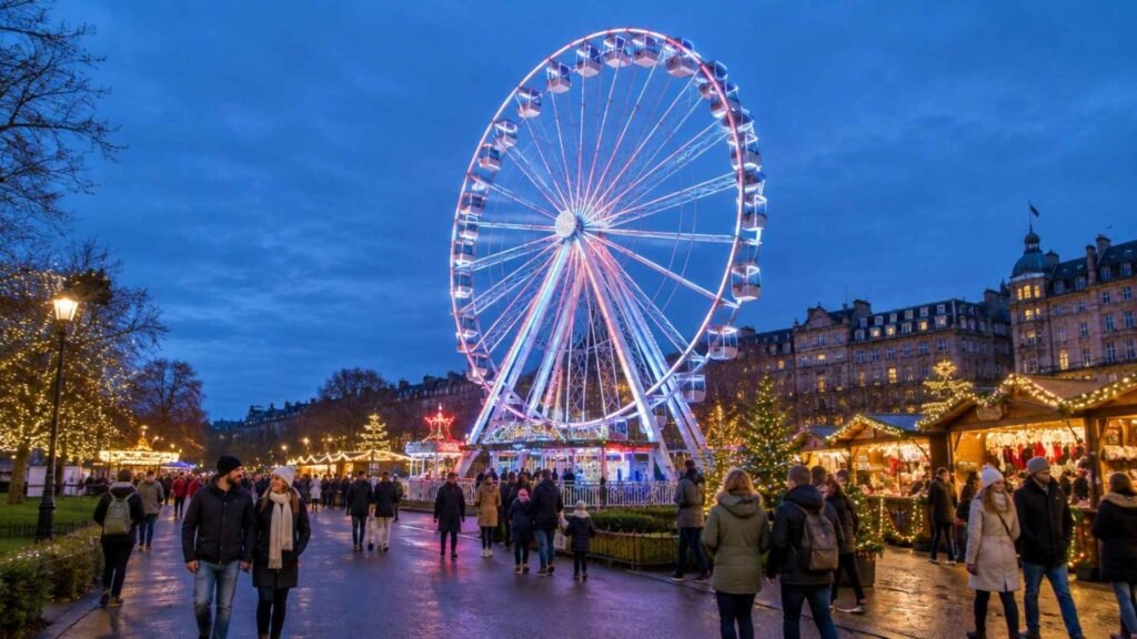 lluminated Big Wheel at Edinburgh’s Christmas, with winter visitors beneath a blue evening sky.