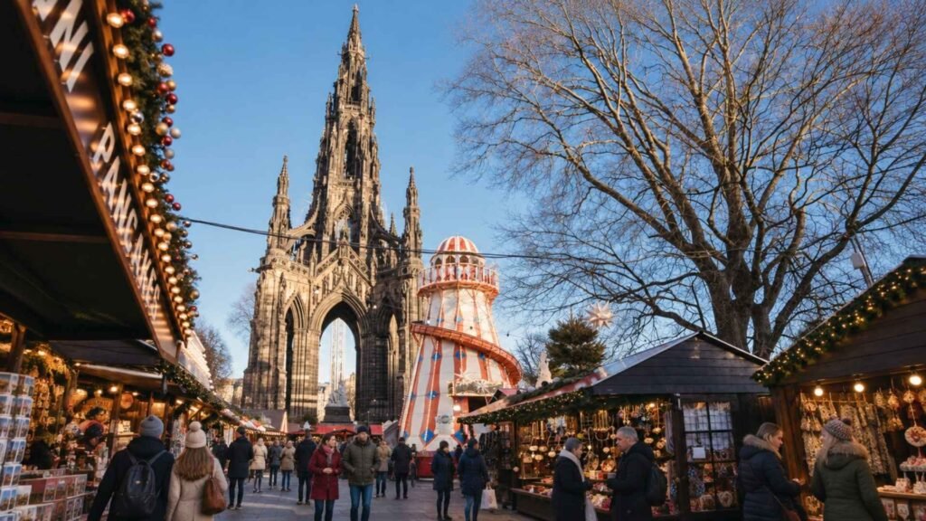 Edinburgh Christmas market stalls and winter visitors beneath Scott Monument on a clear day.